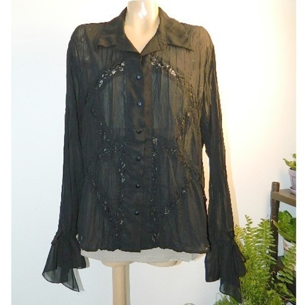 Kaelyn Vintage Sheer Lace Inset Blouse Women L Black Bell Tie Sleeve Whimsigoth